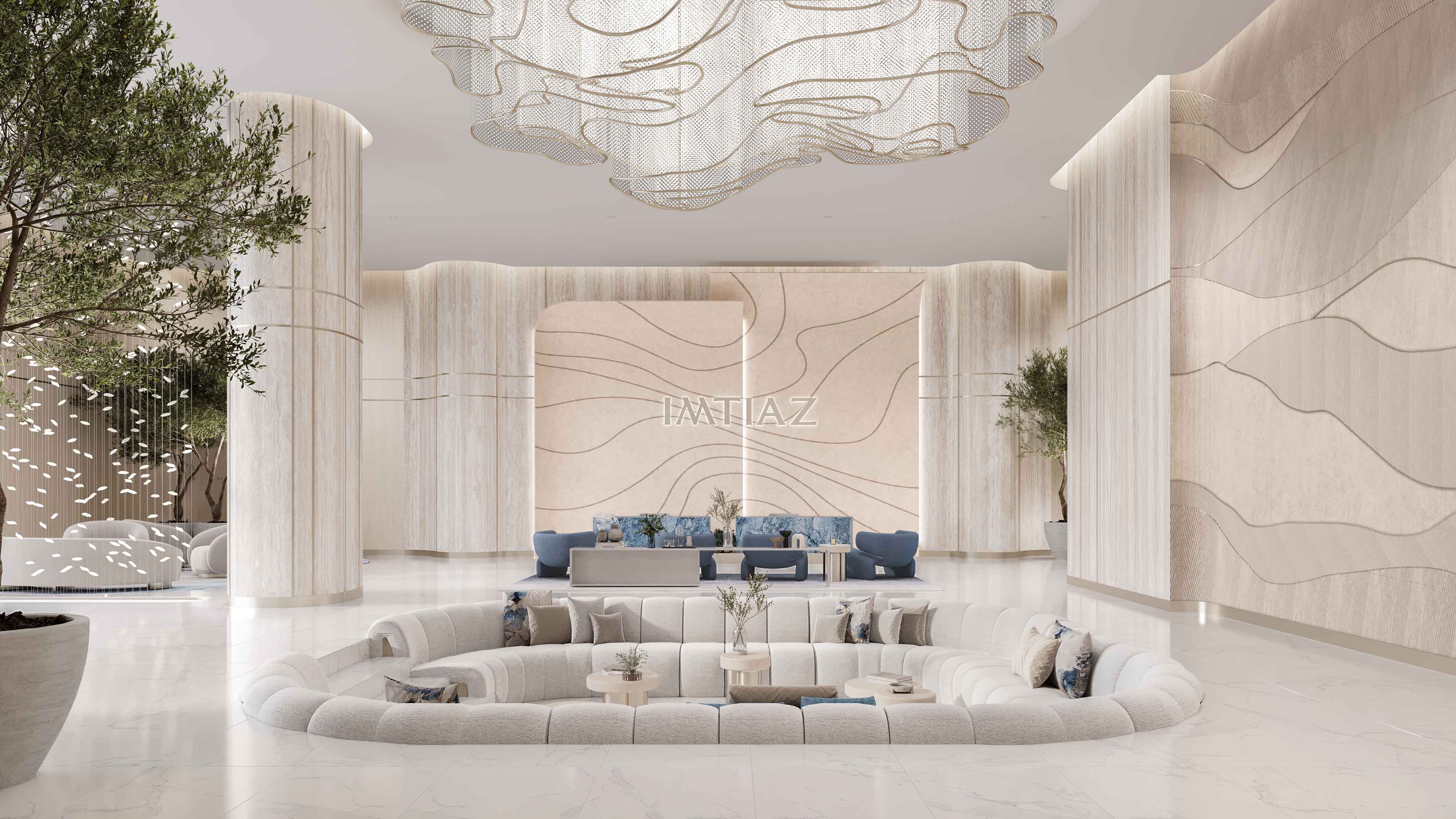 Beach Walk Residence Ii A modern interior featuring curved seating, elegant lighting, and decorative walls with a natural theme.
